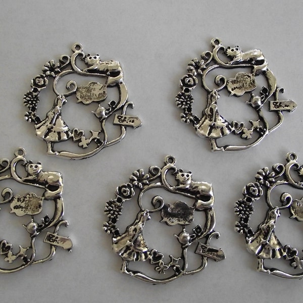 Alice in Wonderland Large Charms- five charms- antique silver charms