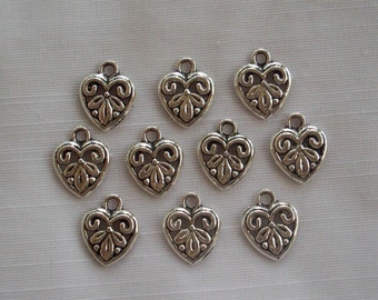 Flower Heart Charms- 10 charms- antique silver charms