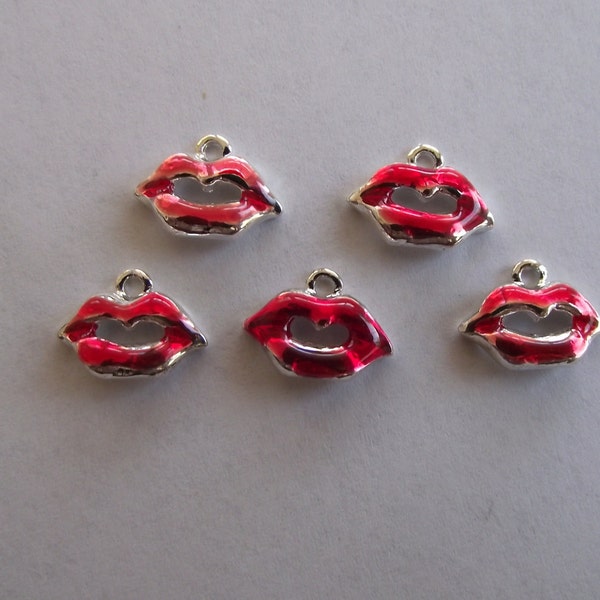 Tiny Lip Enamel Charms- five charms- silver charms