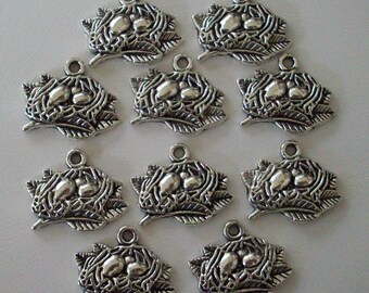 Birds Nest Charms- ten charms- antique silver charms
