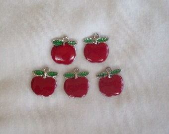 Large Enamel Red Apple- 5 charms- silver
