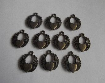 Antique Bronze Hearts with Wings Charms- ten charms