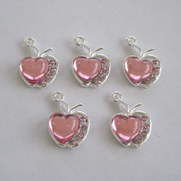 Pink Heart Apple Rhinestone Charms- 5 charms- bright silver