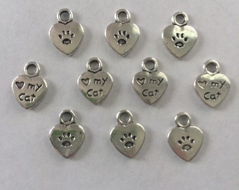 I love my cat double sided charms- ten charms- antique silver charms