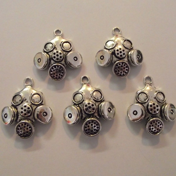 Gas Masks- 5 charms- antiqued silver charms