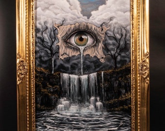 The Wishing Well - Large Original Dark Landscape Oil Painting, Framed Wall Art, Dreamy Sky, Clouds and Trees, Macabre Art with Tears and Eye
