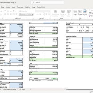 May include: A spreadsheet with a light blue and green color scheme. The spreadsheet is divided into sections with headings such as "Property Information", "Housing Cost", "Other Expenses", "Estimates", "Actual", "Sales", "Monthly Analysis", "Comparable Properties", "Soft Costs", "Tax Analysis", "New Tax Estimates", "Assessed Value", "Max Purchase Price", "Monthly Payments", "Amortization Schedule", "Print Sheet".