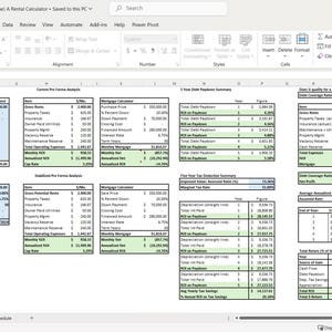 May include: A spreadsheet with a green and blue color scheme, titled "Overall Rental Calculator - Saved to this PC." The spreadsheet contains various financial calculations related to rental properties, including income, expenses, and debt coverage ratios.