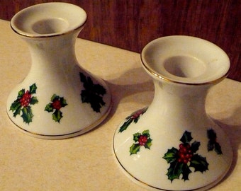 Lefton China Holly & Berry Candleholders - Made in Japan