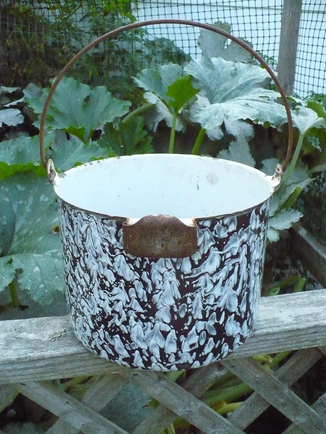 Splatterware Pot Large Black & White Marbled Splatterware Bucket With Wire Handle - Etsy