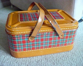 Tartan Plaid Metal Picnic Basket or Box with Double Handles