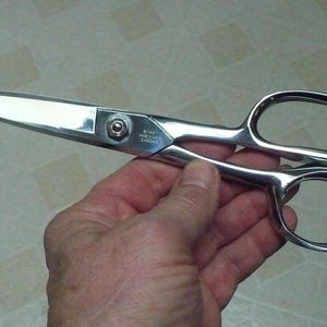 May include: Shiny, silver-colored scissors with large finger holes. The scissors have a pointed tip and a pivot point with a screw. The scissors are held in a hand.