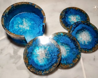 Handmade Blue Geode Coaster Set: Glow in the Dark Epoxy Resin (5pc)