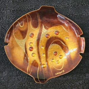 Sascha Brastoff Midcentury Signed Gold and Orange Enamel Bowl Dish 1950s MCM