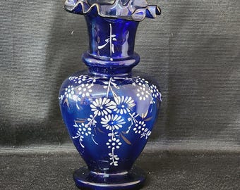 ヴィンテージ ユニーク コバルトブルー 手描き 花柄 フリルトップ