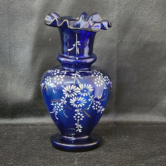 ヴィンテージ ユニーク コバルトブルー 手描き 花柄 フリルトップ