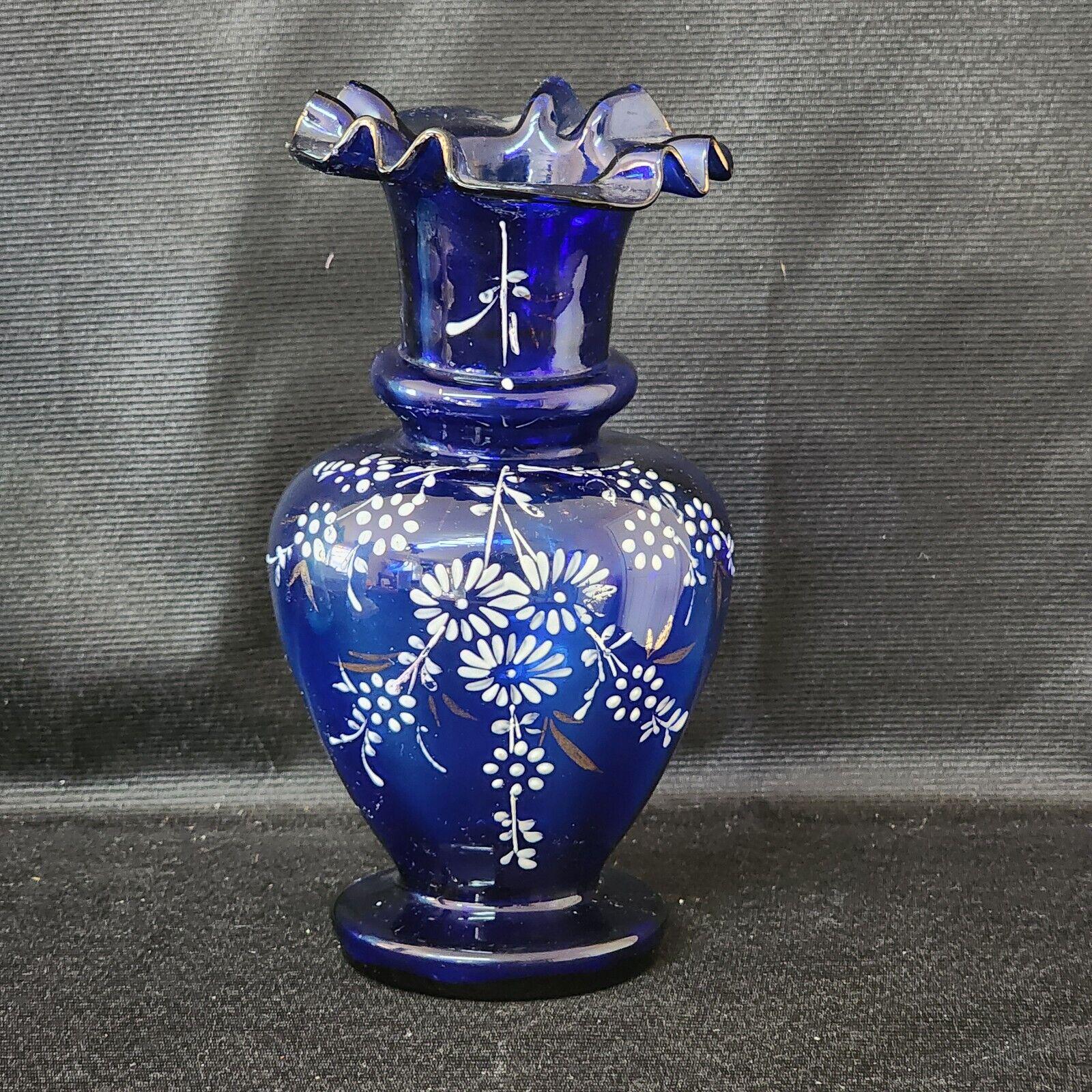 コバルトブルーの金箔装飾花瓶 ヴィンテージ ユニーク コバルトブルー 手描き 花柄 フリルトップ