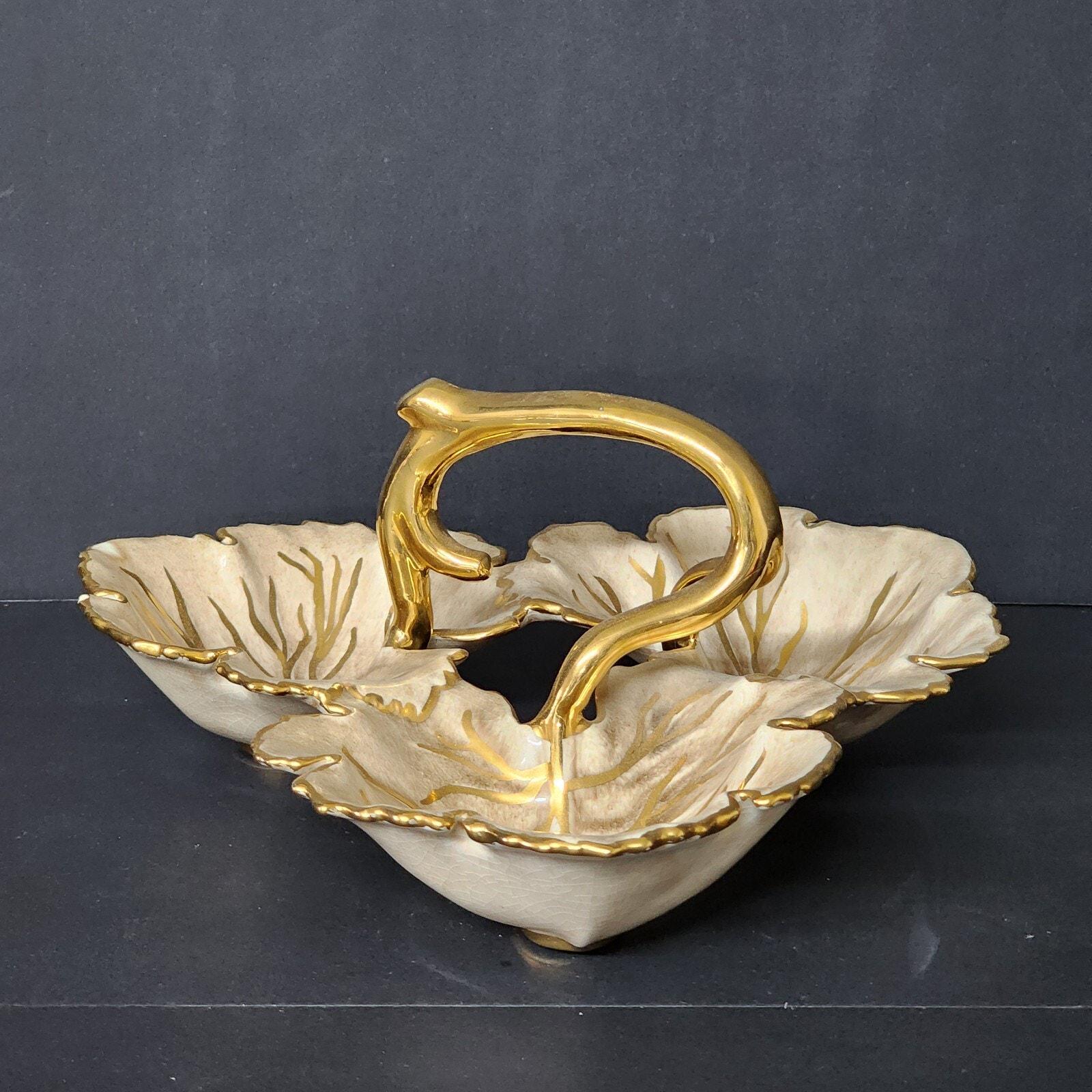 Opalescent Gold Pearl Iridescent Finish 3-section Leaf Serving
