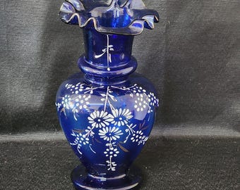 ヴィンテージ ユニーク コバルトブルー 手描き 花柄 フリルトップ