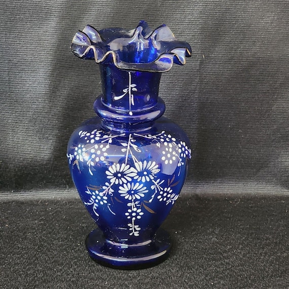 ヴィンテージ ユニーク コバルトブルー 手描き 花柄 フリルトップ