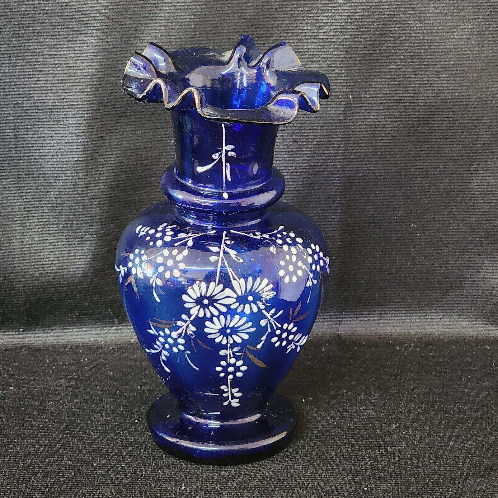 ヴィンテージ ユニーク コバルトブルー 手描き 花柄 フリルトップ