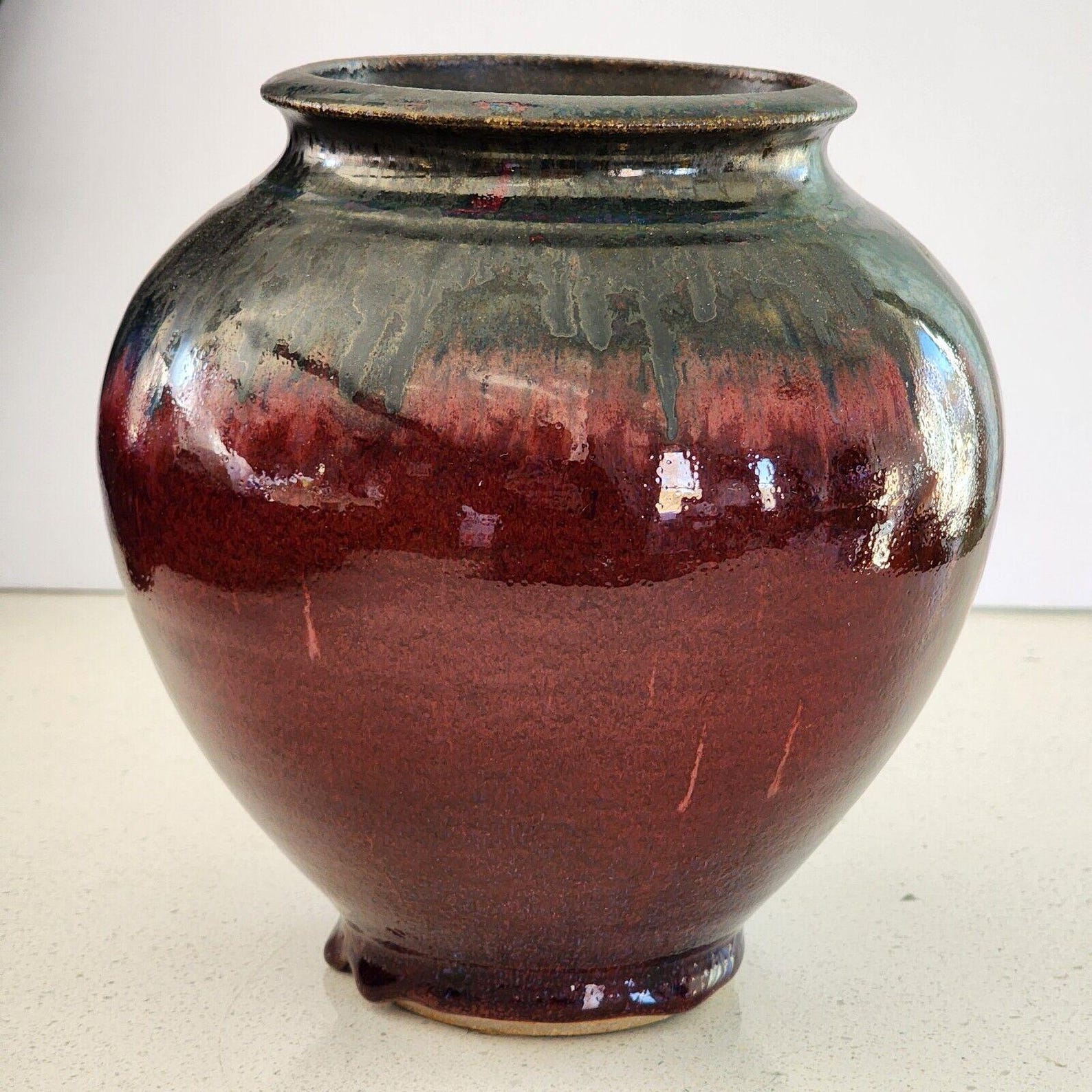 Studio Pottery Vase - Maroon, Silver and Green - Drip Glaze - Signed by ...