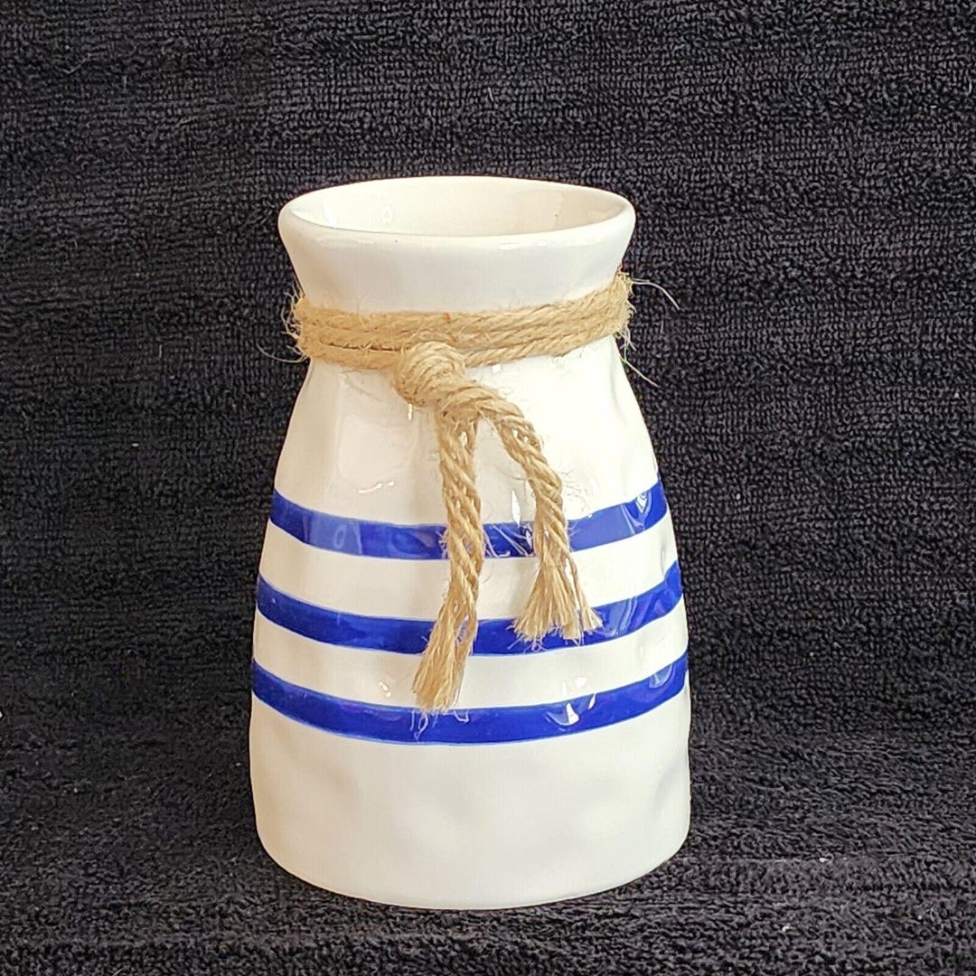 Blue and White Striped Flower Vase - Nautical Coastal Style With Jute ...