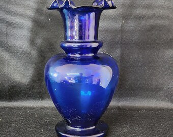 アンティーク ロイヤルブルー フリルエッジ ガラス花瓶 アンティーク