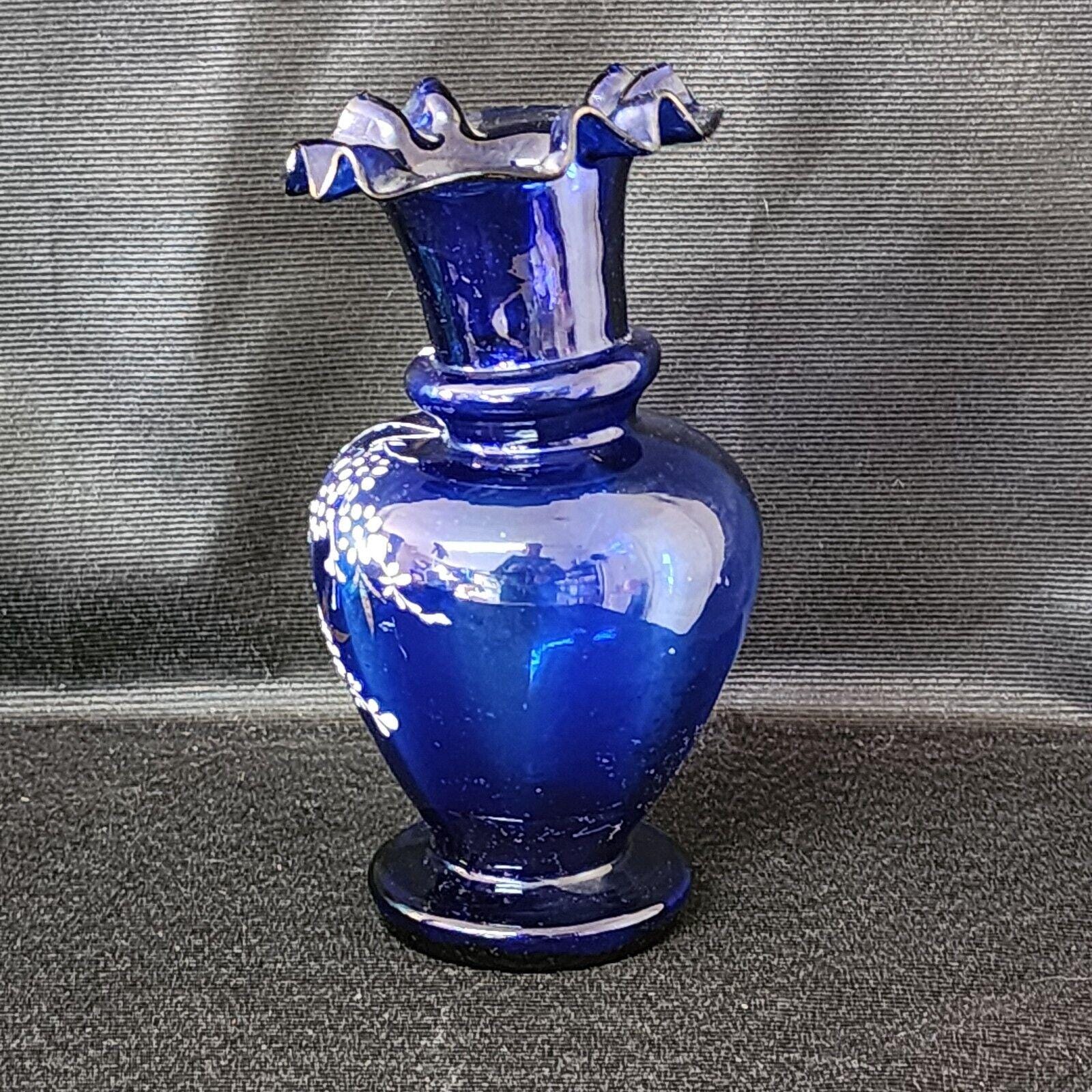 ヴィンテージ ユニーク コバルトブルー 手描き 花柄 フリルトップ