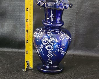 ヴィンテージ ユニーク コバルトブルー 手描き 花柄 フリルトップ