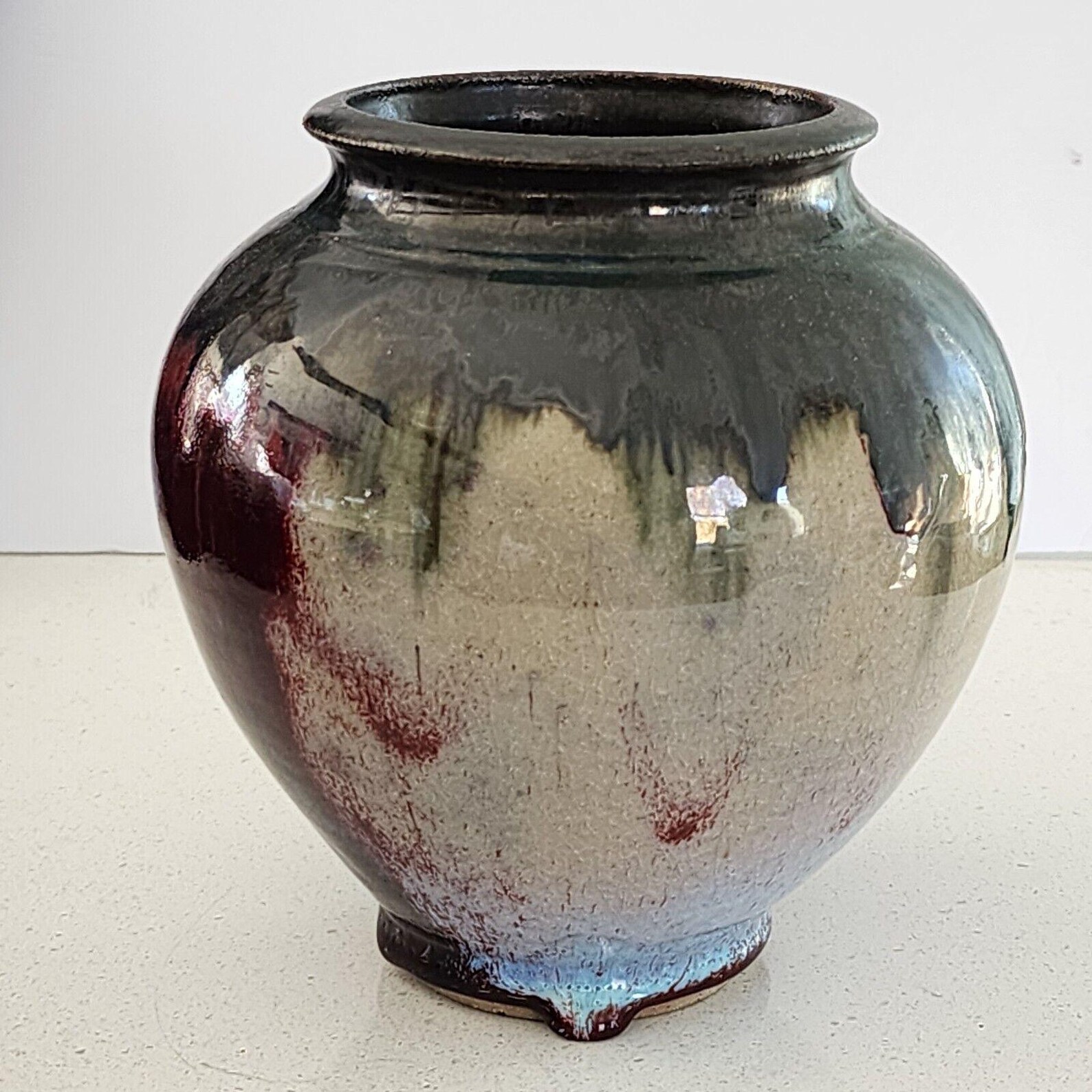 Studio Pottery Vase - Maroon, Silver and Green - Drip Glaze - Signed by ...