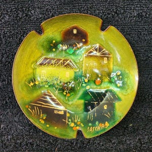 Sascha Brastoff Midcentury Signed Green Enamel Ashtray Candy Dish 1950s