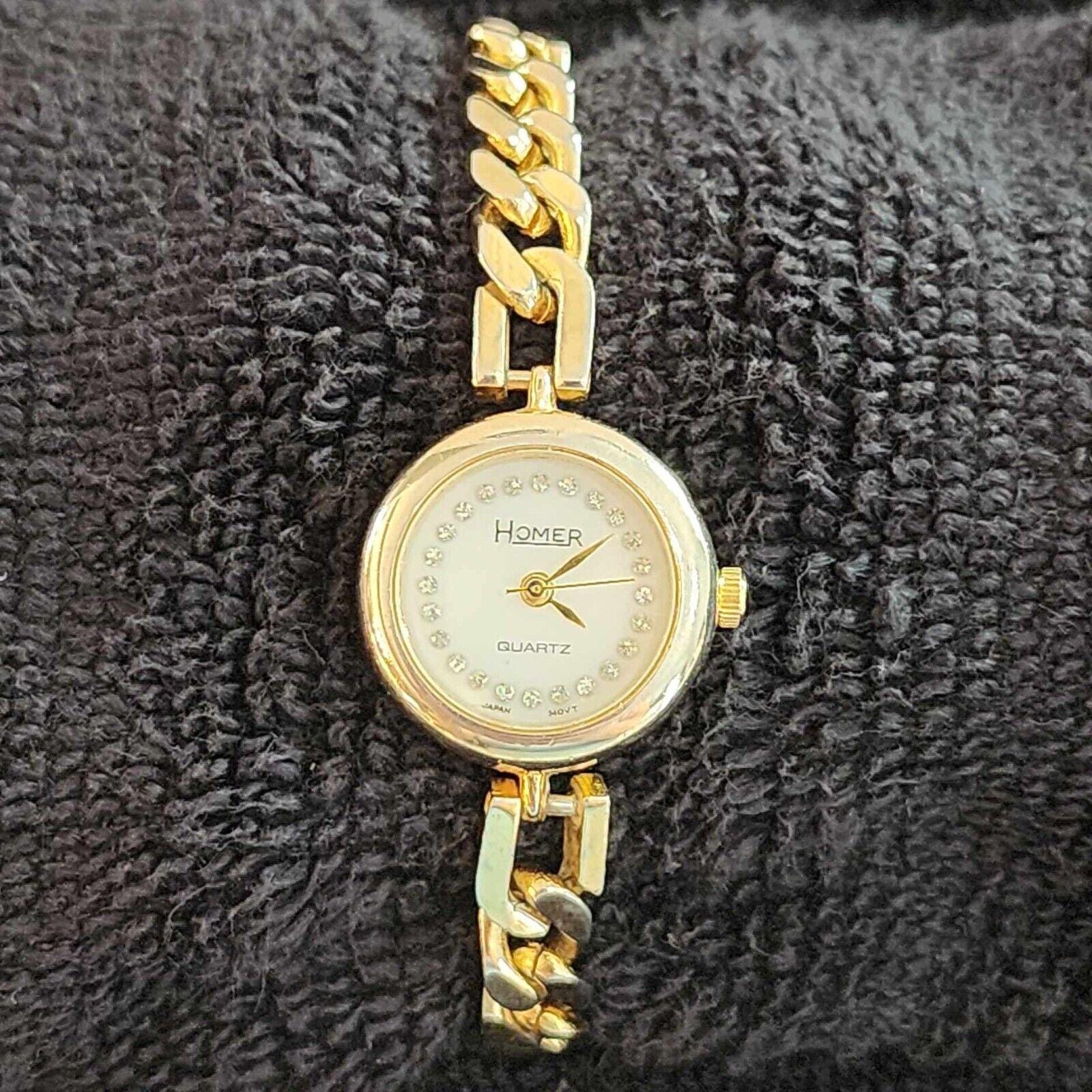 Vintage Homer Gold Tone Chain Womens Wrist Watch with Crystals - GORGEOUS!
