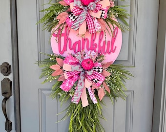 Pink Thankful Wreath, Breast Cancer Awareness Ribbon, Handmade Fall Door Decor