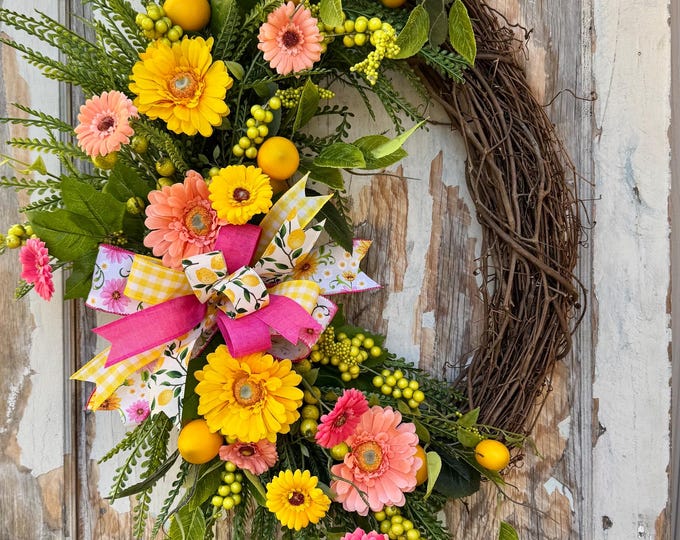 Pink Lemonade Summer Wreath | Bright Floral Grapevine Wreath With ...