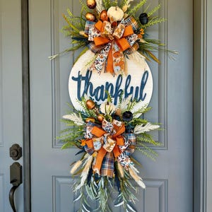 Handmade &quot;Thankful&quot; Fall Wreath: Plaid Bows & Pumpkins