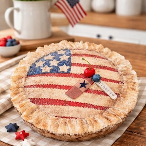 May include: A baked pie decorated with an American flag design. The pie has a golden crust and is topped with red stripes and blue stars. A small tag with the word "Liberty" is attached. A cherry and blueberry garnish the pie.