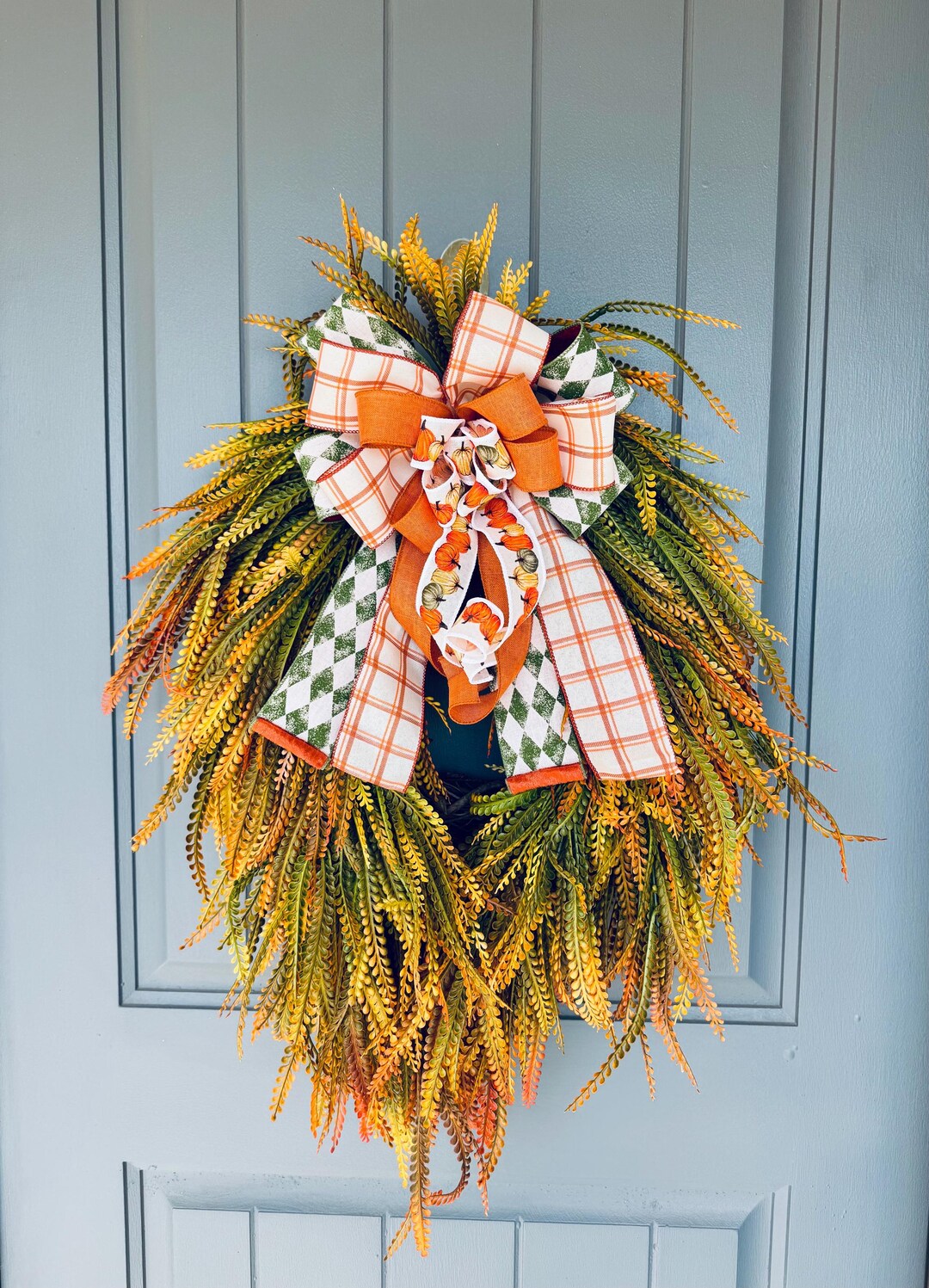Fall Door Swag Wreath: Plaid Pumpkin Ribbon, Farmhouse Decor - Etsy