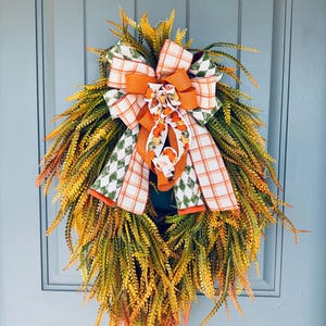 Fall Door Swag Wreath: Plaid Pumpkin Ribbon, Farmhouse Decor
