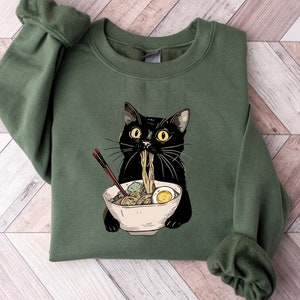 Noodle Cat Shirt, Ramen Cat T-Shirt, Foodie Lover Shirts, Black Cat Noodle T-Shirts, Retro Cat Tees, Cat Lover Sweatshirts, Black Cat Tee