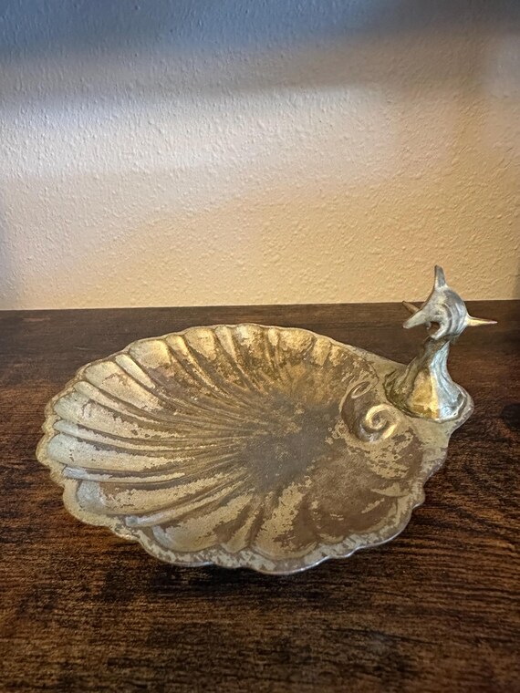 Solid Brass Trinket Shell Dish with Fish Vintage … - image 3