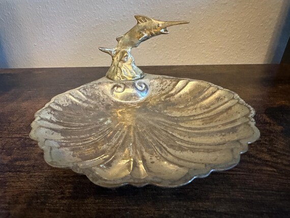 Solid Brass Trinket Shell Dish with Fish Vintage … - image 1