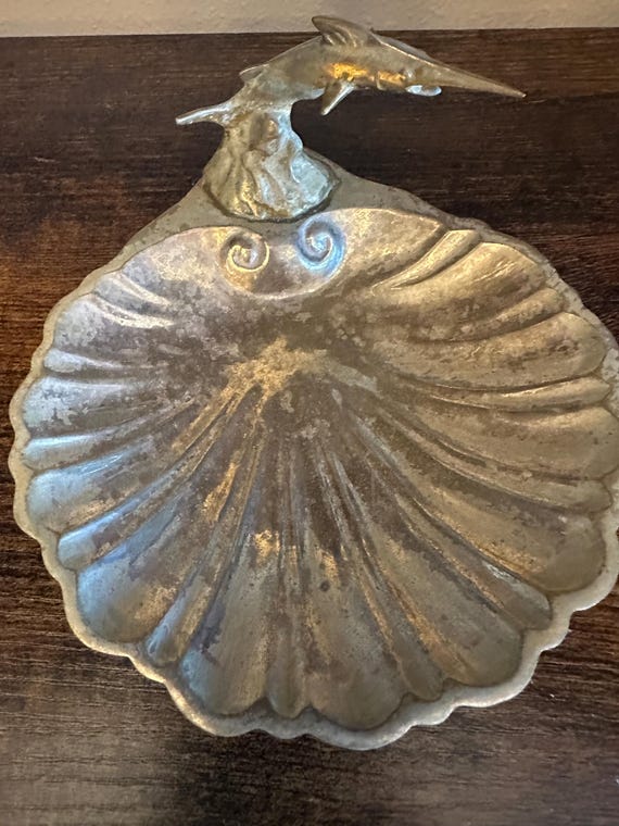 Solid Brass Trinket Shell Dish with Fish Vintage … - image 2