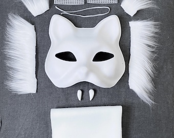 DIY Therian Cat Mask Kit Plain White Blank Base Furry Fangs Eye Felt Mesh - Ready to Ship