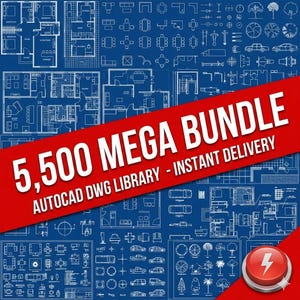 May include: A blue architectural blueprint background with various house plans and symbols. A red banner across the image reads "5,500 MEGA BUNDLE - INSTANT DELIVERY" and "AUTOCAD DWG LIBRARY". A red button with a lightning bolt is in the bottom right corner.