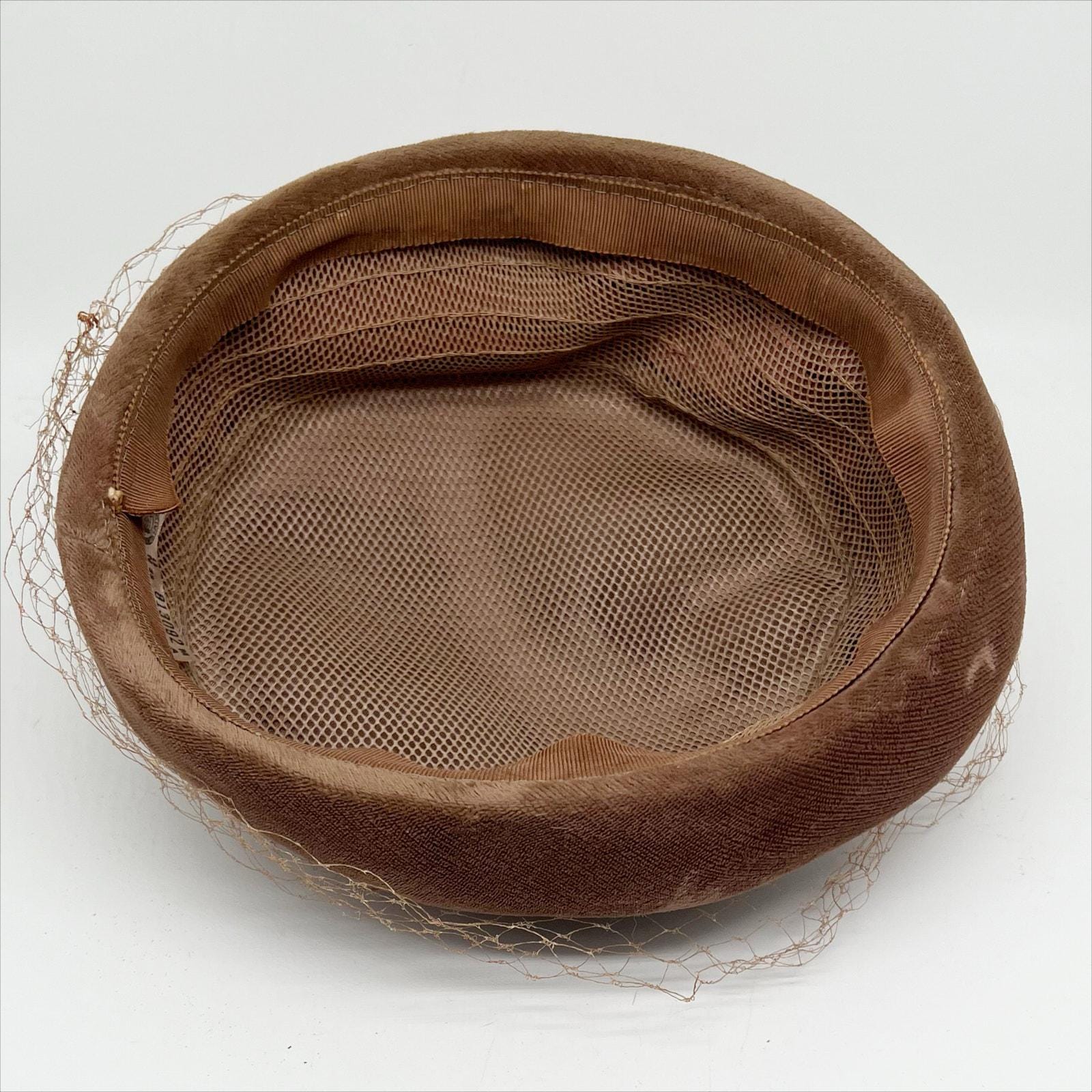Vintage 50s 60s Brown Velvet Pill Box Hat With Mesh, Bow and 