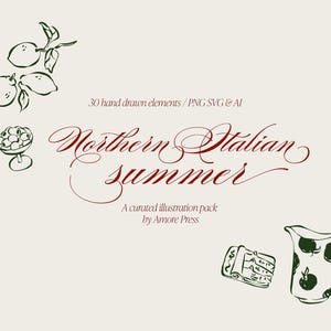 Handgezeichnet italienischer Sommer Clip Art SVG Illustration Pack mit 30 kuratierten Illustrationen für Hochzeitseinladungen, Menü, Einladungen, Save the Date