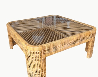 Vintage Rattan and Bamboo Coffee Table with Glass Top