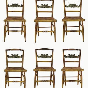 Six Antique Painted Sheraton Dining Chairs with Rush Seats and Stenciled Backs