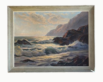Mid-Century Coastal Oil Painting by Bertha Larson in Rustic Frame